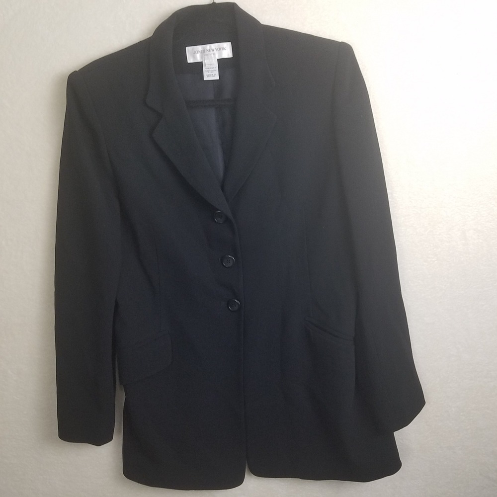 JONES NEW YORK W Petite Black Worsted Wool Blazer Jacket Career office 8P VNTG